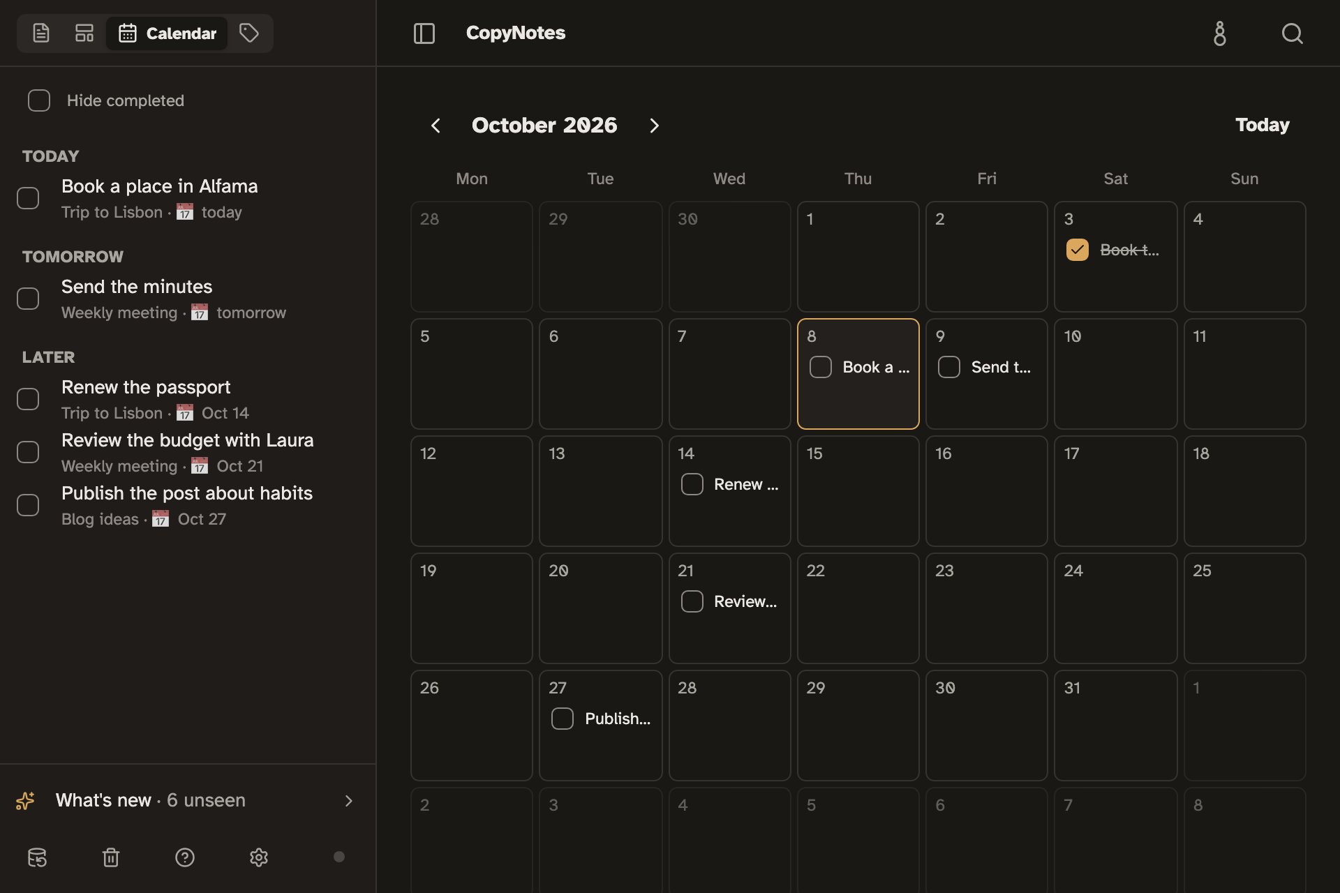 The CopyNotes Calendar: the month with tasks on their days, and the list for today, tomorrow and later