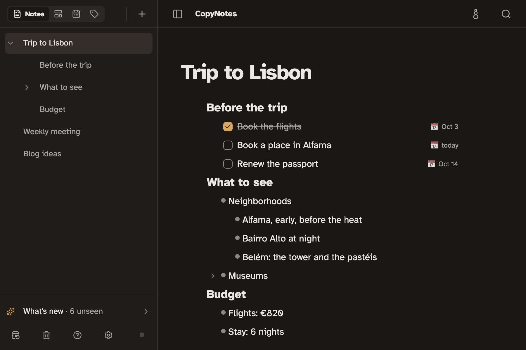 CopyNotes with the “Trip to Lisbon” note open: the note list on the left and the note with headings, dated tasks and nested lines