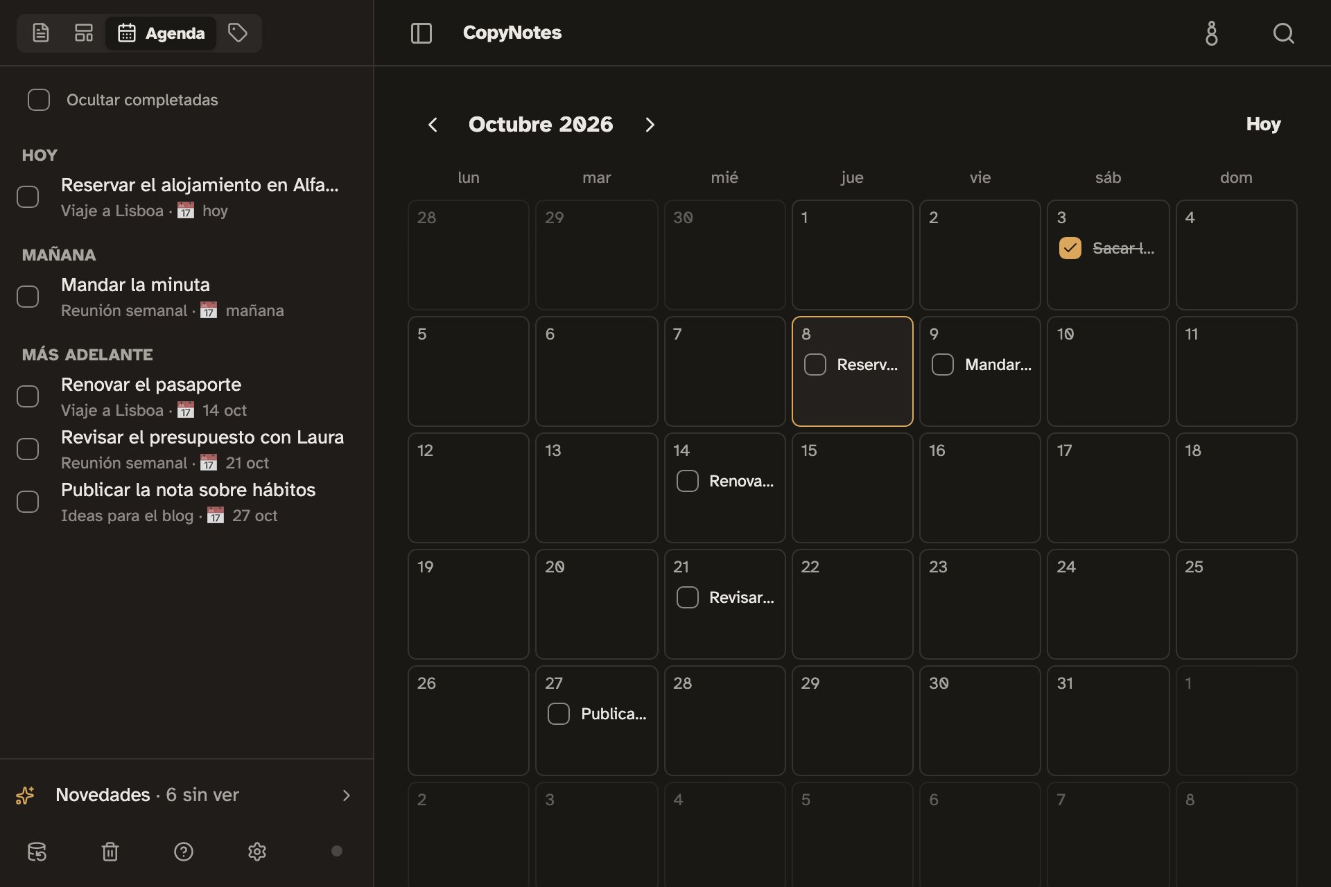La Agenda de CopyNotes: el calendario del mes con las tareas en su día y la lista de hoy, mañana y más adelante