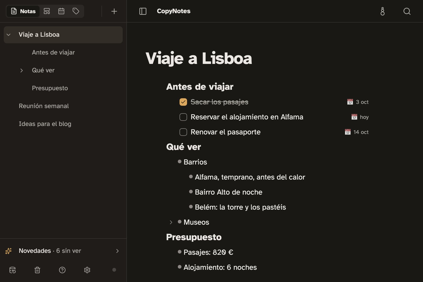 CopyNotes con la nota «Viaje a Lisboa» abierta: la lista de notas a la izquierda y la nota con títulos, tareas con fecha y líneas dentro de otras
